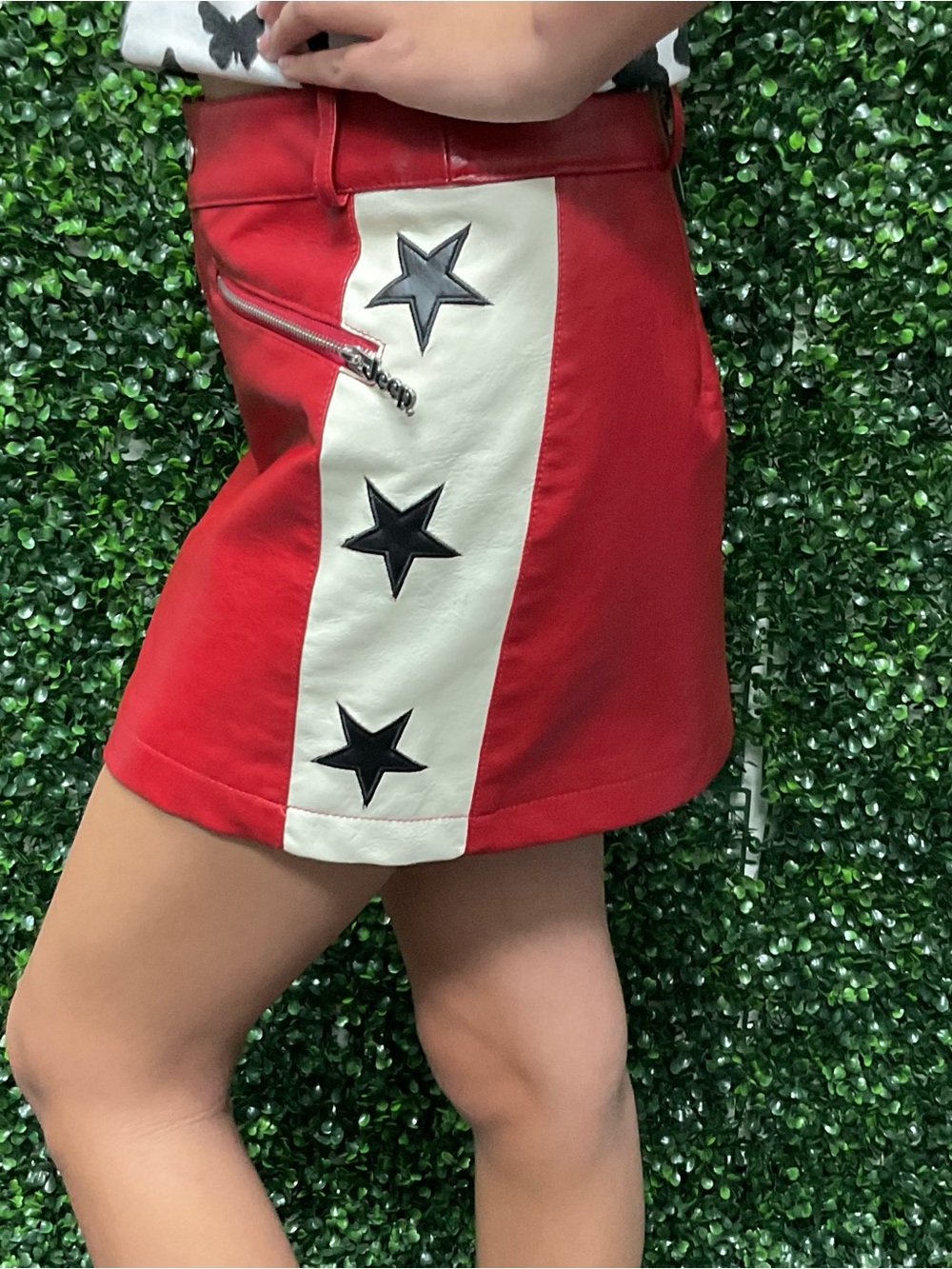Jeep Star Print Faux Leather Moto Mini Skirt